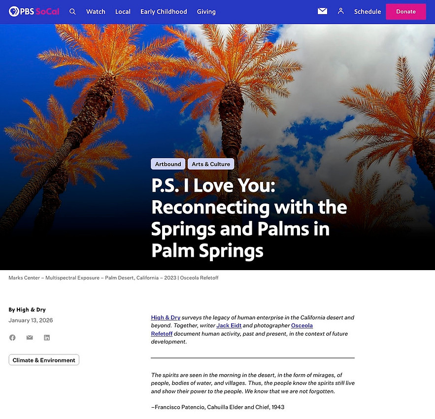 'P.S. I Love You' Story on PBS SoCal's High & Dry. Photo features a multispectral (color infrared) photograph orange palm trees against a bright blue sky with clouds.