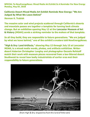 New Energy News – California Desert Mixed Media Art Exhibit Reminds New Energy: “We Are Judged By What We Leave Behind” – May 2018