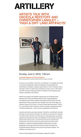 Artillery Magazine – Artist Talk with Osceola Refetoff and Christopher Langley – "High & Dry: Land Artifacts" – May 2018