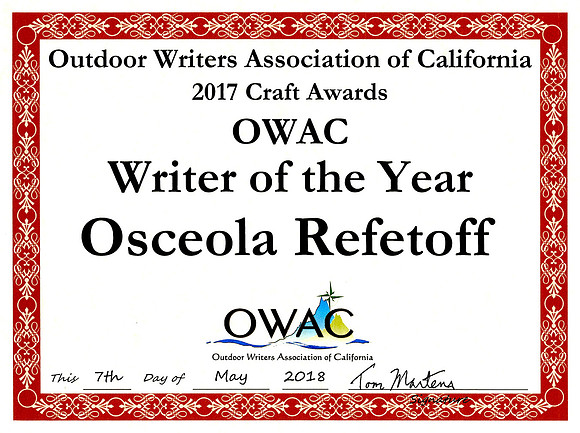 Oudoor Writers Association of California – Writer of the Year – May 2018