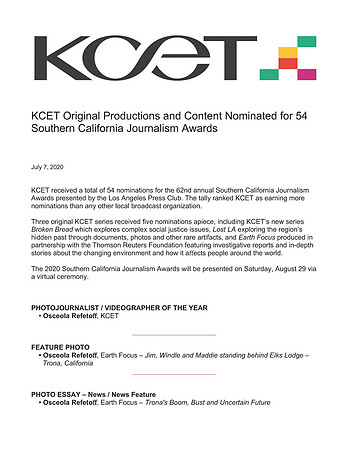 KCET Nominated for 54 SoCal Jounalism Awards – July 2020